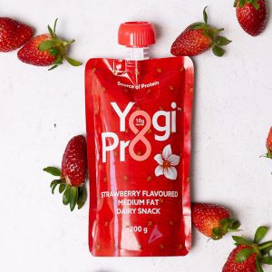YogiPro_Strawberry_Shop-01 This image features our strawberry high protein dairy snack pouch.